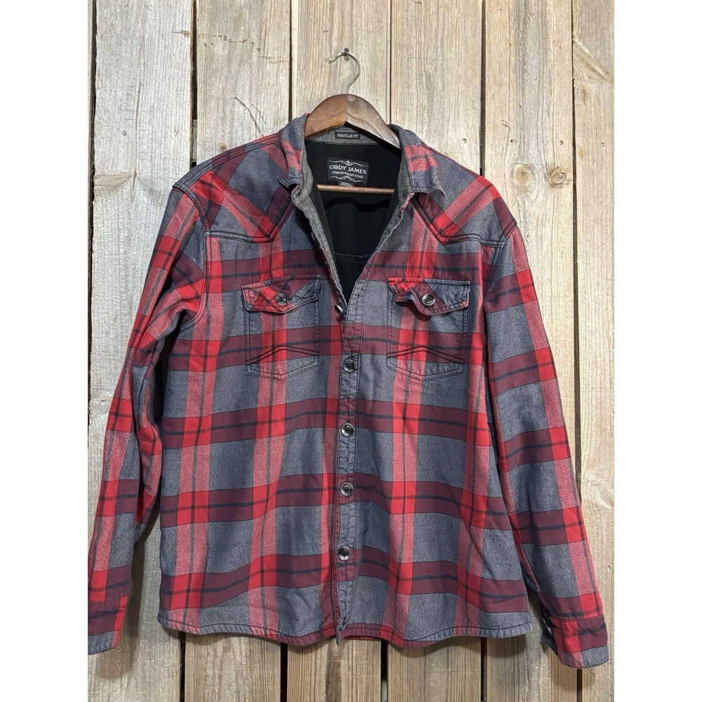Cody James Western Plaid Fleece Lined Shirt Jacket‎ Red Gray Mens Large